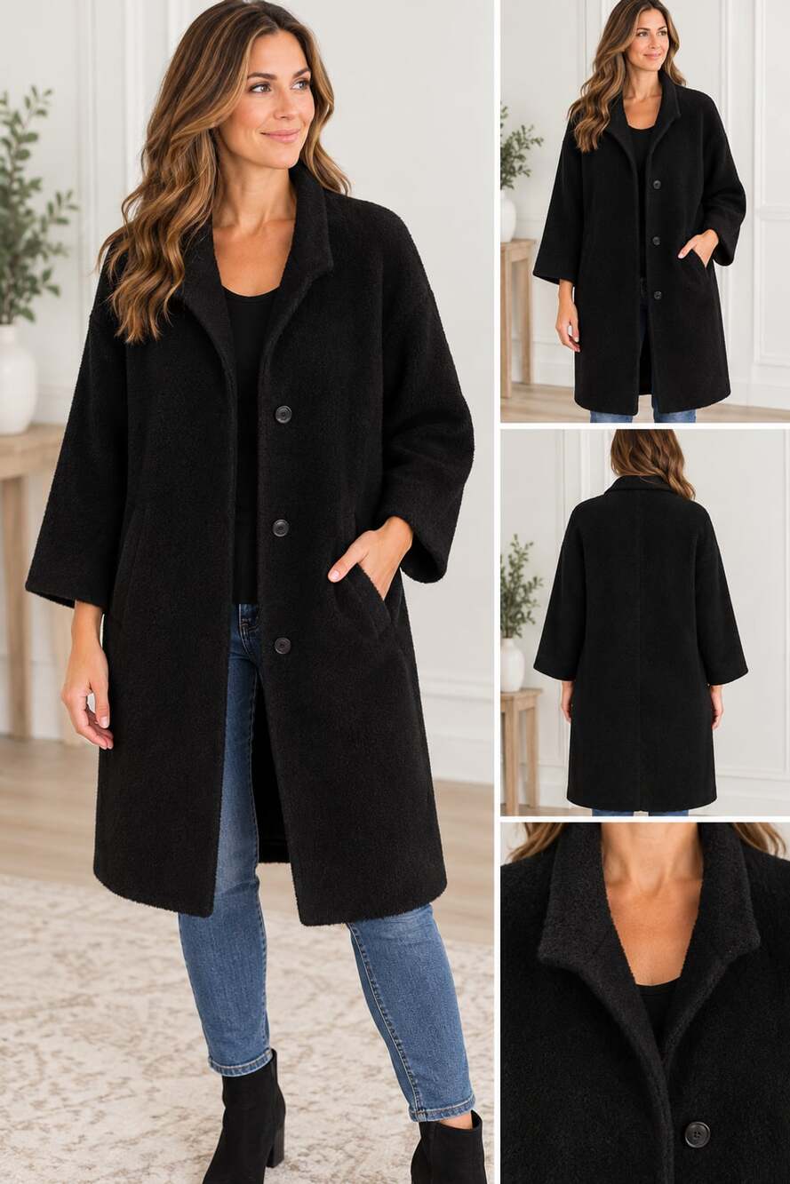 Jones New York Black Wool Alpaca Blend Button Front Midi Coat Size 12